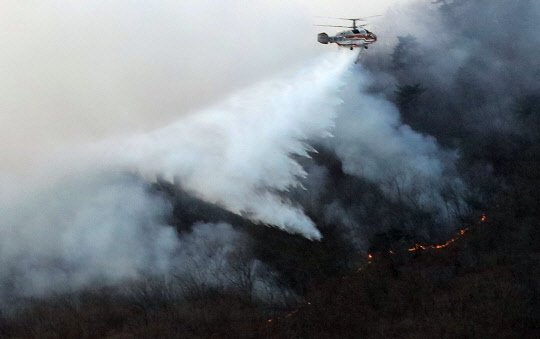 2일 오전 부산 기장군 장안읍 삼각산(해발 469ｍ) 에서 불이나 산림청 헬기가 물을 뿌리고 있다. 불은 지난 1일 오후 9시 46분 삼각산 정상 부근에서 시작돼 능선을 타고 계속 번졌고 날이 밝아 헬기가 출동하면서 15시간여 만에 불길이 잡혔다. 화재로 임야 50만㎡가 소실된 것으로 잠정 집계됐다.